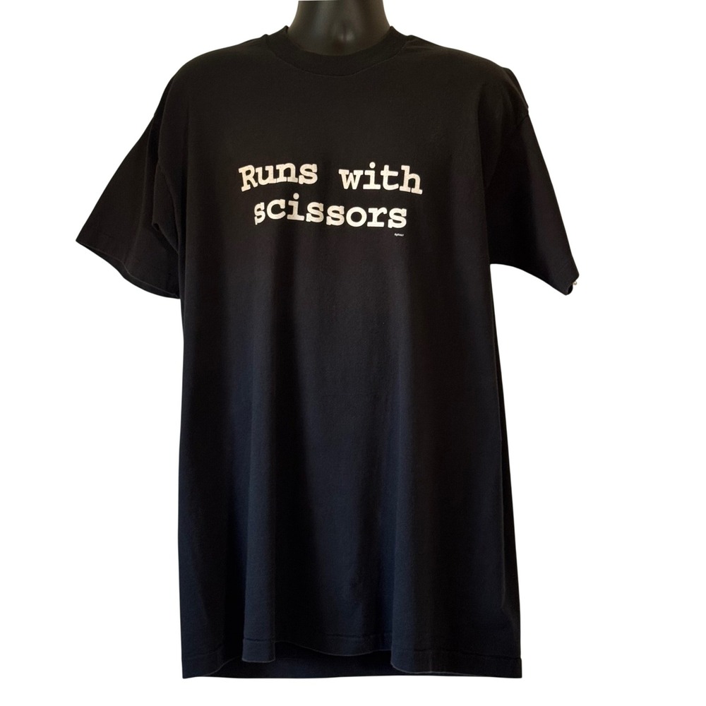 Vintage Fruit of the Loom Runs With Scissors Graphic T-Shirt Black XXL USA Made